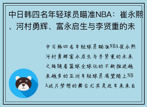 中日韩四名年轻球员瞄准NBA：崔永熙、河村勇辉、富永启生与李贤重的未来之路